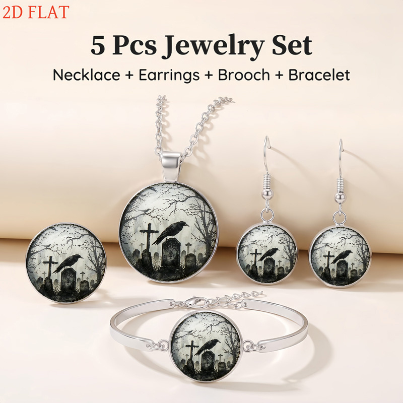 5pcs Gothic Raven & Cemetery Jewelry Set, Halloween Gift